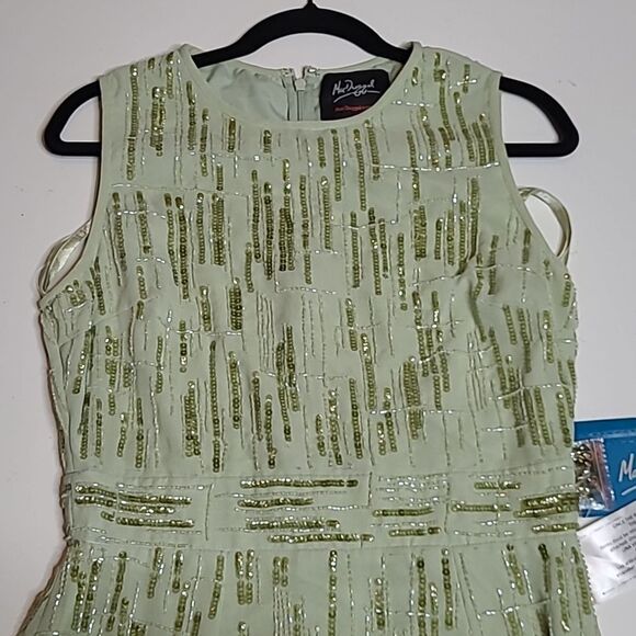 $498 NEW MAC DUGGAL 8 SAGE GREEN HAND BEADED MIDI CREPE SHEATH COLUMN DRESS NWT - Picture 6 of 16